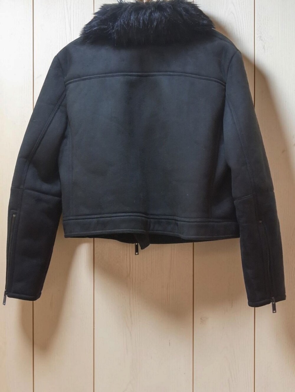 DKNY Black Faux Suede & Faux Fur Collar Moto Jacket - Size L - Picture 2 of 7